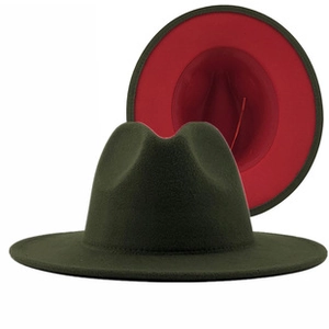 Classic wide brim fedora hat with dark green exterior and contrasting red lining