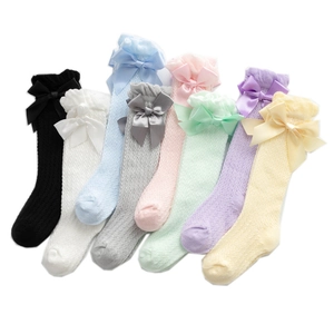 Breathable mesh baby knee-high socks with large satin bows in eight various colors