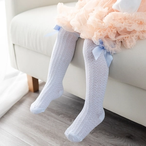 Light blue mesh knit baby socks with ribbon bow, breathable summer high socks for toddlers
