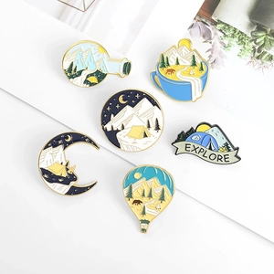 Set of 6 outdoor adventure enamel pins featuring starry night mountains and hot air balloons