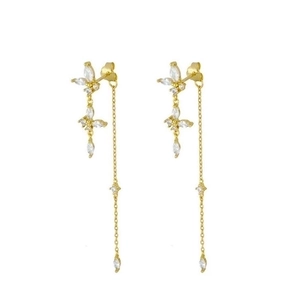 Golden butterfly drop earrings with white marquise zircons and elegant long chain tassels