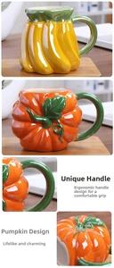 Ceramic fruit mug detail showing ergonomic green vine handle and pumpkin shape
