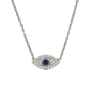 Elegant silver Evil Eye pendant necklace with blue center stone and shimmering diamonds