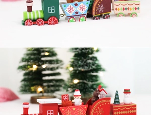Detailed view of festive wooden Christmas train toy with colorful holiday snowflake patterns
