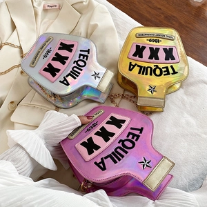 Holographic tequila bottle cross-body bags with shiny embroidery and golden chain straps
