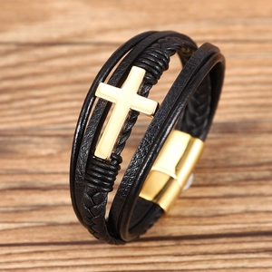 Multi-Layer Braided Leather Bracelet With Stainless Steel Cross Decoration Magnetic Clasp Fashion Jewelry For Men