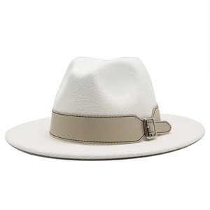 White wool fedora jazz hat with beige leather strap and silver buckle for men and women