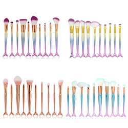 Detail of four sets of mermaid tail makeup brushes in gradient purple and blue colors