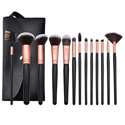 Complete 13-piece black and rose gold makeup brush set with matching storage pouch