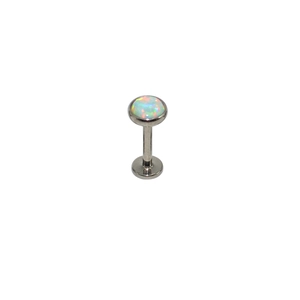 Titanium labret stud with iridescent opal inlay on a flat back silver metal post
