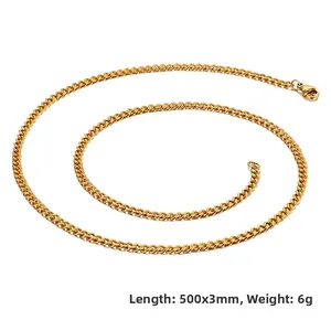 Detail view of a 3mm gold stainless steel curb chain with lobster clasp, 500mm length