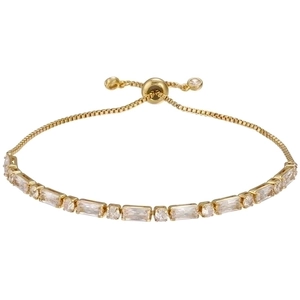 Adjustable gold bracelet with alternating rectangular and round clear zircon crystals