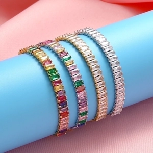 Copper Rectangular Colorful Zirconia Adjustable Bolo Bracelet For Women Fashion Western Style Geometric Hand Jewelry Gift