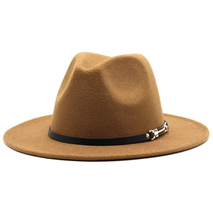 Elegant khaki wool fedora hat with a slim black leather band and gold buckle