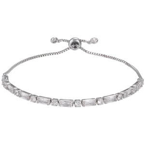 Detail view of adjustable silver bracelet with clear square and round cubic zirconia stones