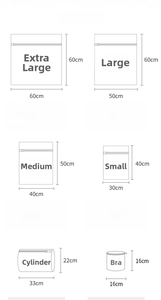 Laundry bag size chart showing specifications from extra large to bra bags in pink mesh