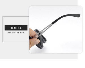Detail of elegant eyewear temple with engraved metal textures and ergonomic ear fit