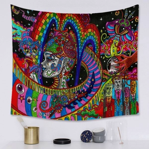 Colorful psychedelic bohemian tapestry with mystical faces and mushroom patterns for wall decor