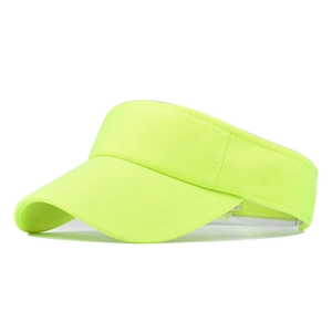 Close-up of neon green cotton sun visor featuring breathable mesh fabric and wide curved brim