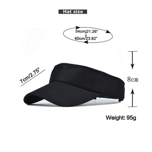 Detailed size guide of black cotton sun visor hat with specific head circumference dimensions