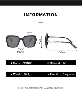 Detailed size chart for square sunglasses showing frame dimensions and PC material specs