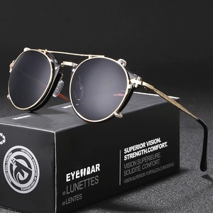 Round Steampunk Sunglasses For Women Metal Frame UV400 Protection Retro Outdoor Fashion Eyewear Vintage Carved Temples
