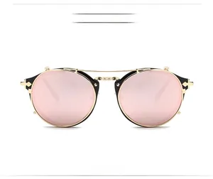 Front view of KD813 vintage round sunglasses with pink mirrored lenses and gold floral decor