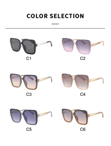 Six different color options for square sunglasses with decorative metal woven temples