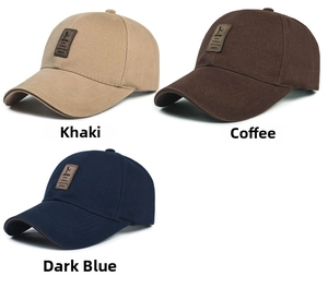 Detalle de gorras de algodón caqui, café y azul marino con parches de cuero EDIKO