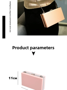 Pink acrylic rectangular clutch detail with silver chain strap and 11cm height marker
