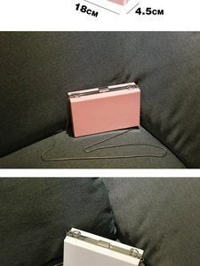 Detail view of acrylic clutch bag showing 18cm length and 4.5cm thickness dimensions