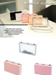Detailed views of multi-color acrylic evening clutch bags with sleek metal snake chains