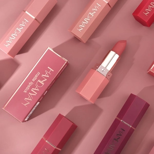HANDAIYAN matte lipstick detail view, showing hexagonal tube design and smooth cosmetic texture.