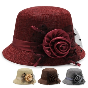 Women Vintage Cloche Hat Cotton Linen Large Flower Polka Dot Mesh Veil Elegant Fedora Sun Protection