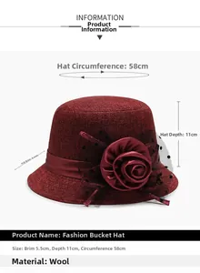 Detailed size chart for dark red cloche hat with measurements of 58cm circumference