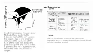 Size chart showing head circumference measurement guide and fit categories for women and men