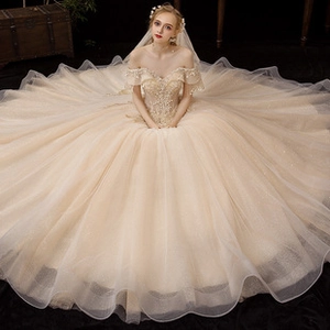 Detailweergave van de champagnekleurige trouwjurk met kant en gelaagde tule rok