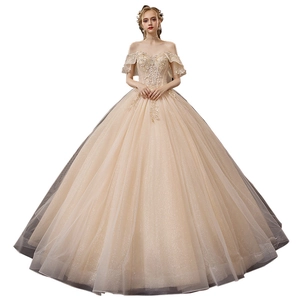 Elegant champagne off-shoulder bridal gown with lace embroidery and shimmering tulle skirt
