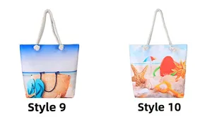 Detail view of beach tote bags with rope handles and summer starfish seashell prints