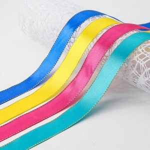 Satin ribbons with gold edges in blue, yellow, and cyan for gift cake box packaging