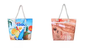 Detail of summer beach tote bags featuring tropical fruit and ocean seashell prints