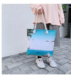 Detail of large canvas beach bag with nautical seaside print and thick rope handles