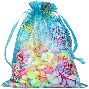 Blue gradient organza drawstring bag with gold coral pattern and colorful DIY beads