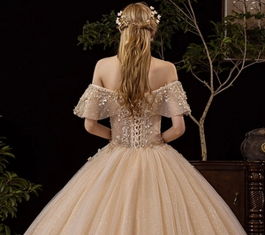 Detailed back view of a champagne bridal gown featuring elegant criss-cross corset lacing