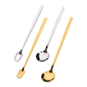 Long handle stainless steel mixing spoons in gold and silver with square and round heads