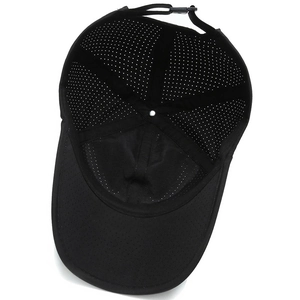 Men's quick-dry black baseball cap featuring laser-cut ventilation and adjustable strap