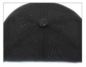 Close-up of durable top stitching and breathable fabric on black baseball cap