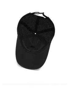 Detail view of the breathable mesh inner lining and adjustable strap on the black sun hat