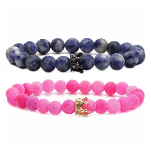 Bracelets en perles couronne pour couples avec pierre bleue et agate rose craquelée