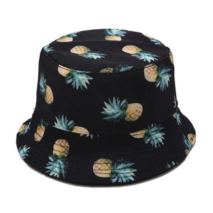 Unisex black bucket hat with yellow pineapple fruit print for summer outdoor sun protection